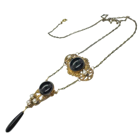 Vintage Victorian Jet Glass & Faux Pearl Drop Necklace - Picture 3 of 10